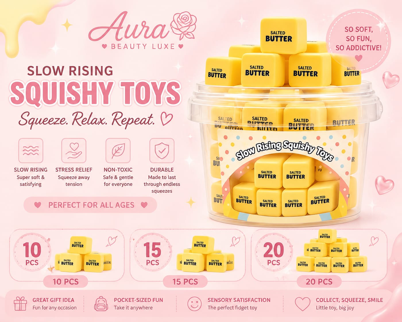Slow Rising Salted Butter Squishy Toys in a clear bucket, available in packs of 10, 15 and 20