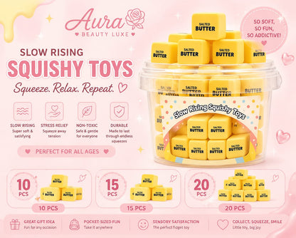 Slow Rising Salted Butter Squishy Toys in a clear bucket, available in packs of 10, 15 and 20