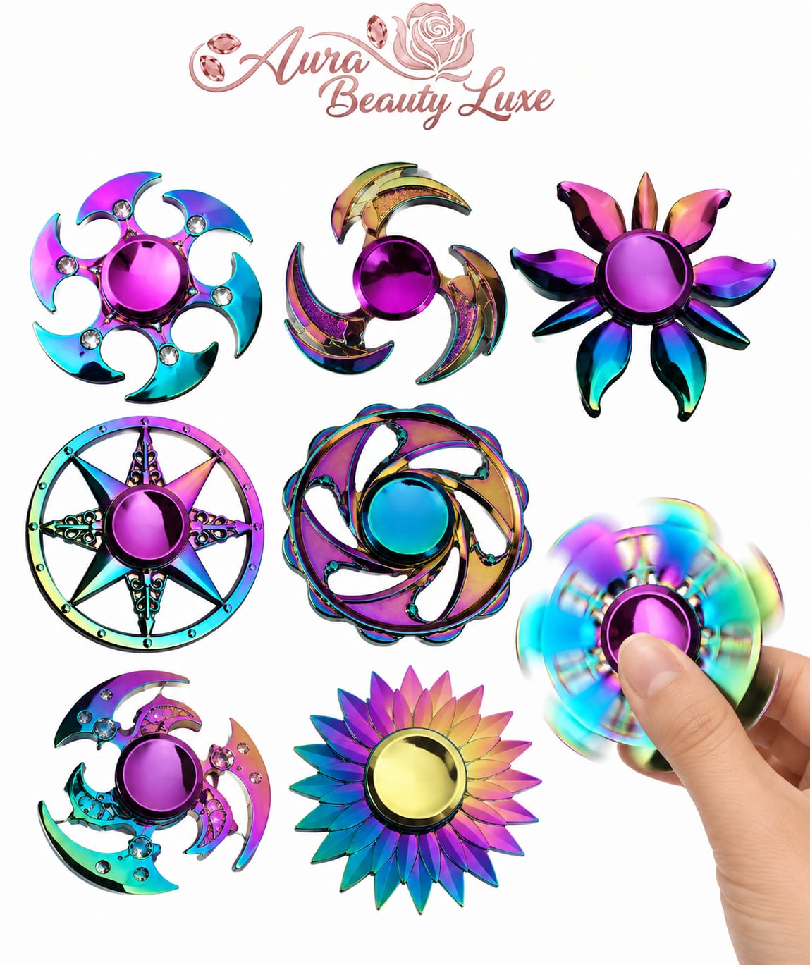 Rainbow holographic metal fidget spinners in various designs