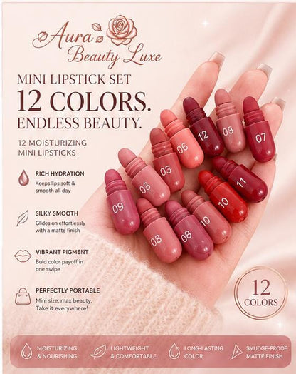 Aura Luxe 12-Shade Moisturising Mini Lipstick Set