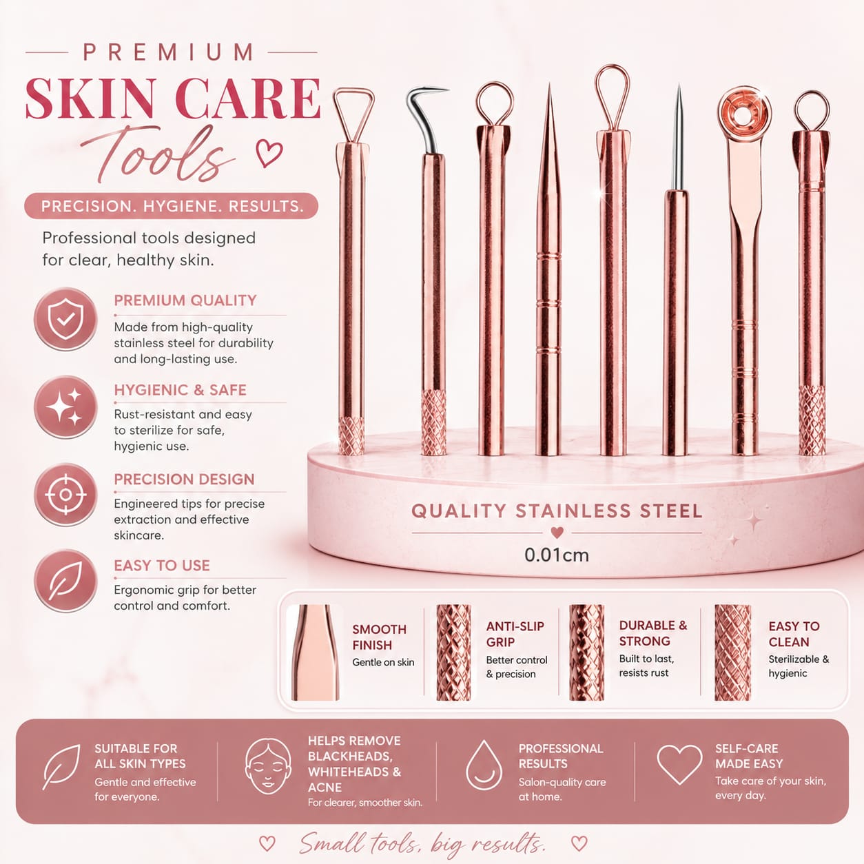 Premium Rose Gold Stainless Steel Skin Care Tools Set for blackhead and blemish extraction